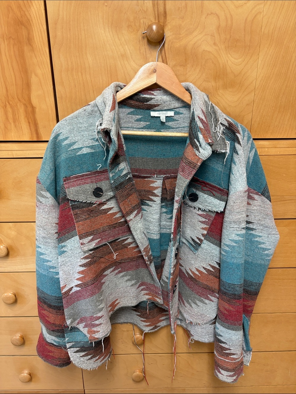 Woven Aztec Cropped Jacket in Teal and Rust - Unbranded